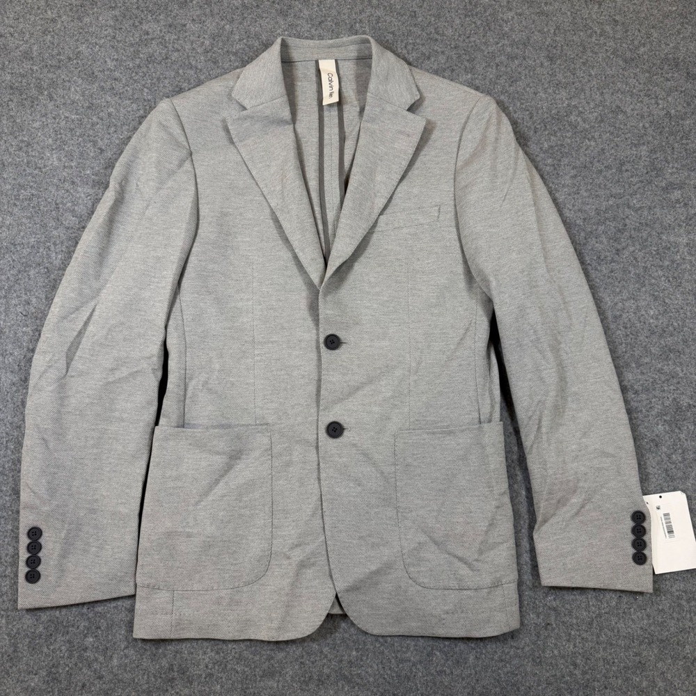 Calvin Klein Mens Slim Fit Blazer 36R Light Gray Textured Knit 2-Button Jacket